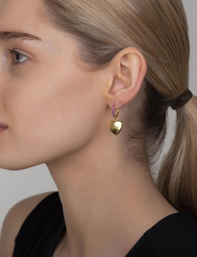 Protective Eye Heart Huggies with Pink Sapphires - Christina Alexiou Fine Jewelry