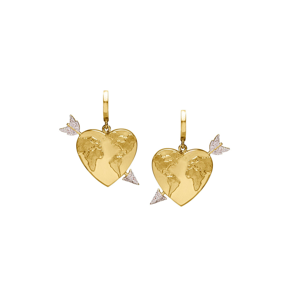 Heart Globe and Arrow Hoop Earrings with Diamonds - Christina Alexiou Fine Jewelry