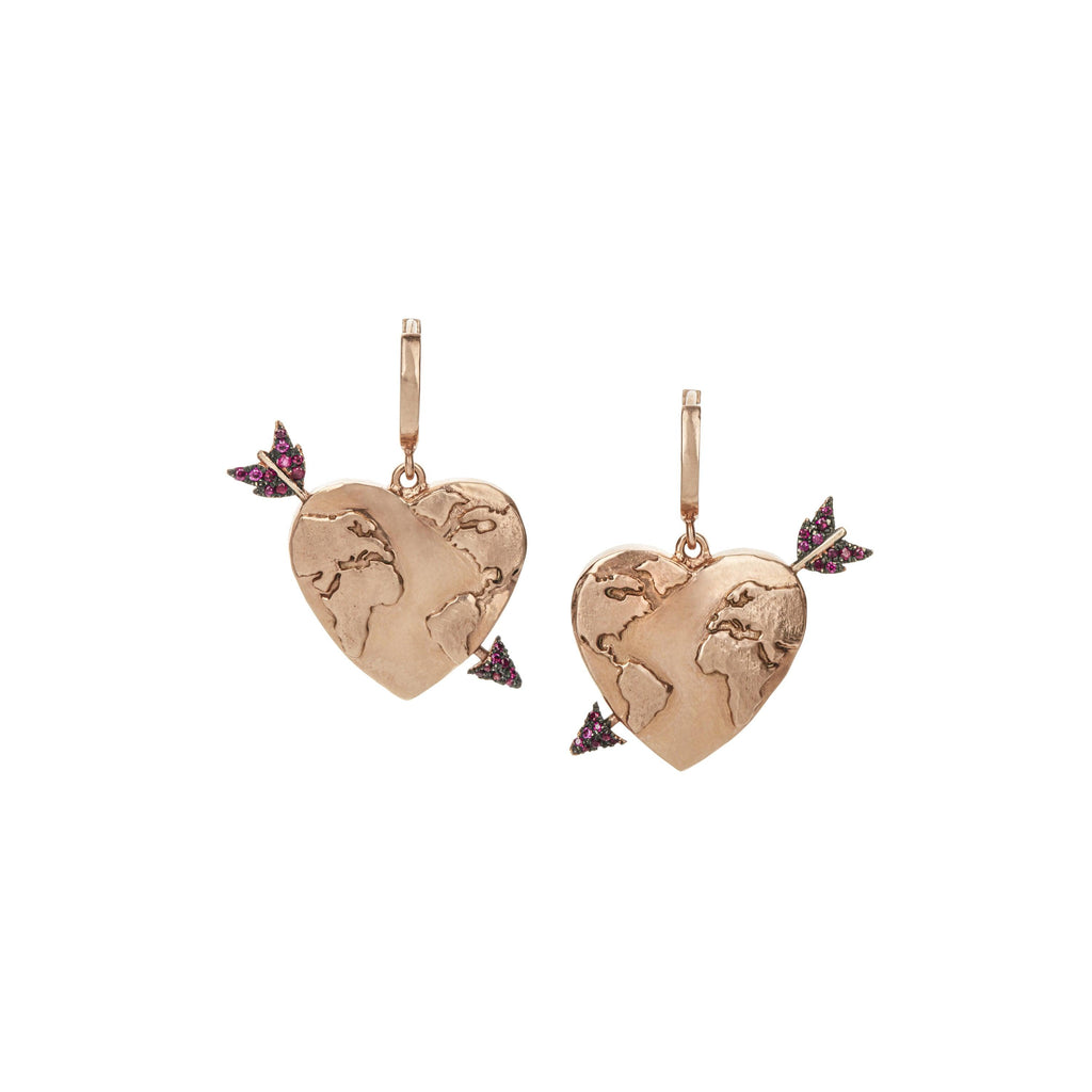Heart Globe & Arrow Hoop Earrings with Pink Sapphires - Christina Alexiou Fine Jewelry