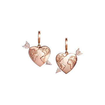 Heart Globe and Arrow Rose Hoop Earrings with Diamonds - Christina Alexiou Fine Jewelry