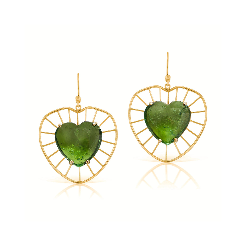 Medium Green Tourmaline Radial Heart Earrings - Christina Alexiou Fine Jewelry